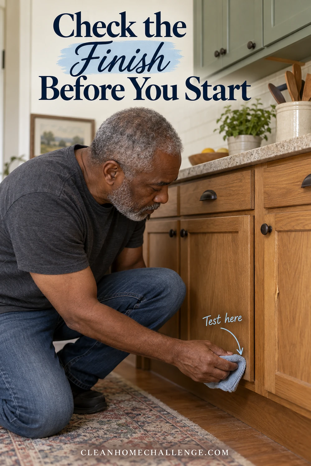 An older man checks a hidden lower corner of a wood cabinet with a soft gray cloth before cleaning the visible doors.