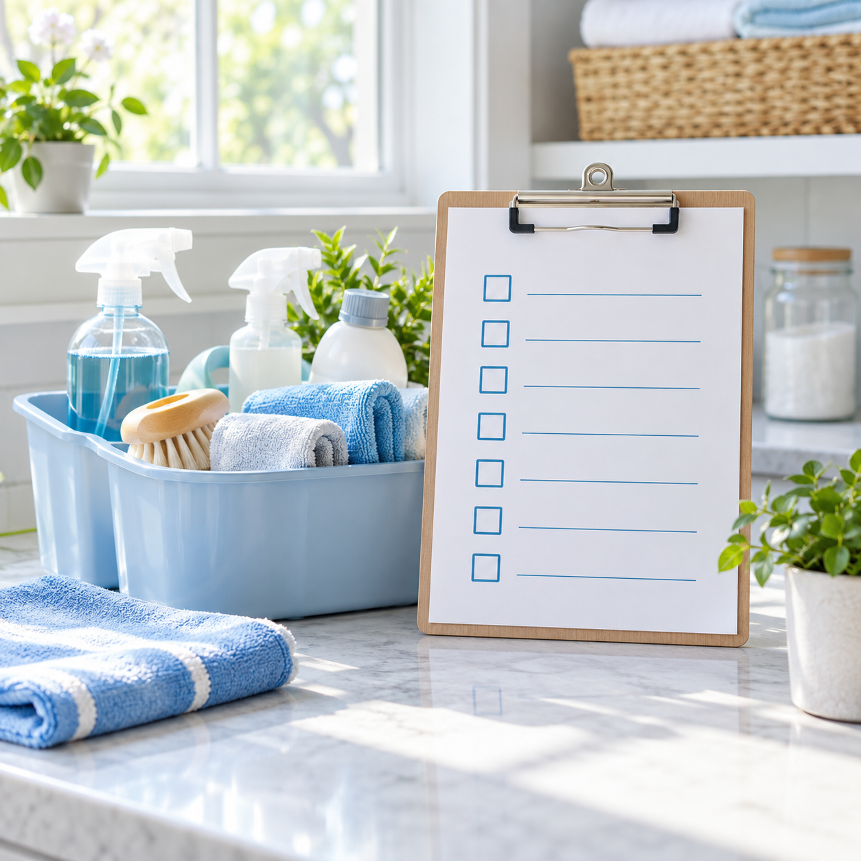 Blue cleaning caddy and blank checklist representing a weekly cleaning routine.