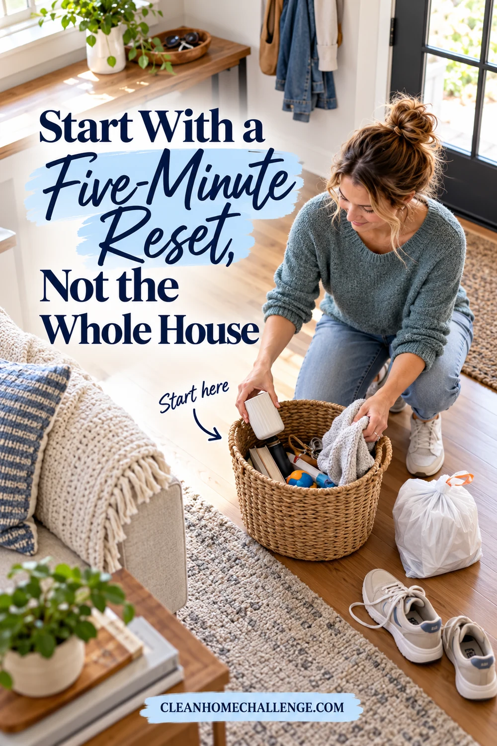 A woman gathering loose entryway items into one basket