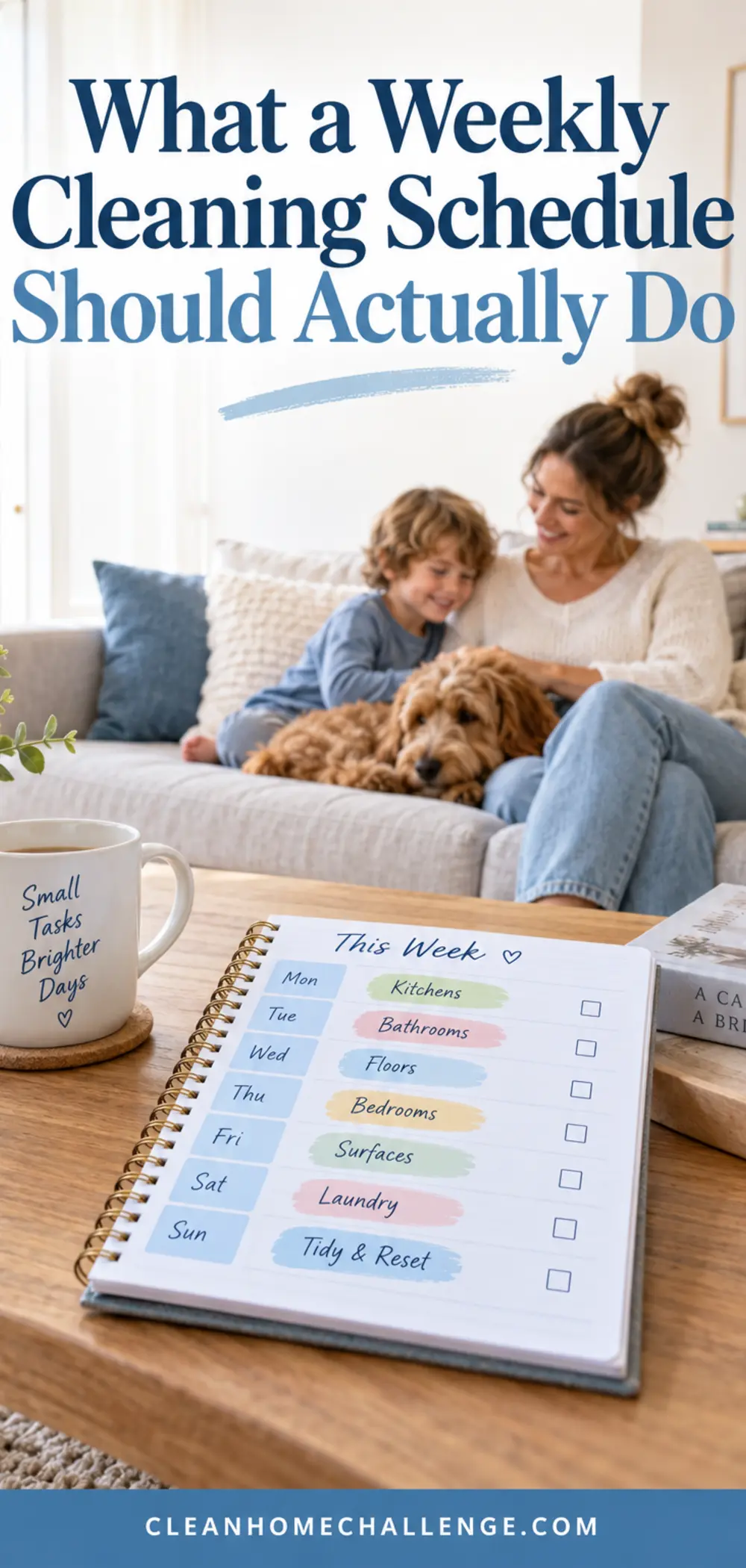 Mum and child beside a weekly cleaning planner in a bright family living room.