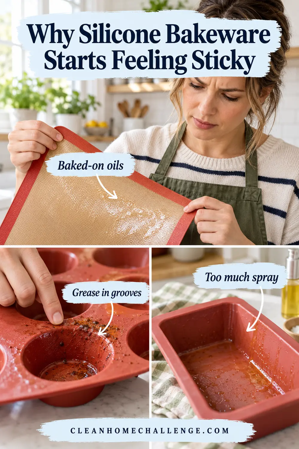 Sticky grease buildup on a silicone baking mat, muffin mold and loaf pan.