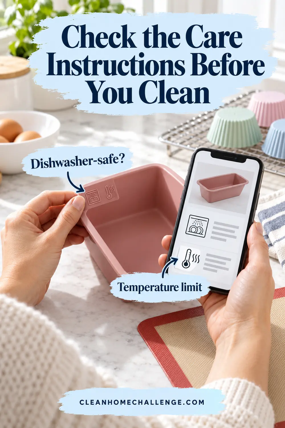 Checking dishwasher and temperature care symbols for silicone bakeware.