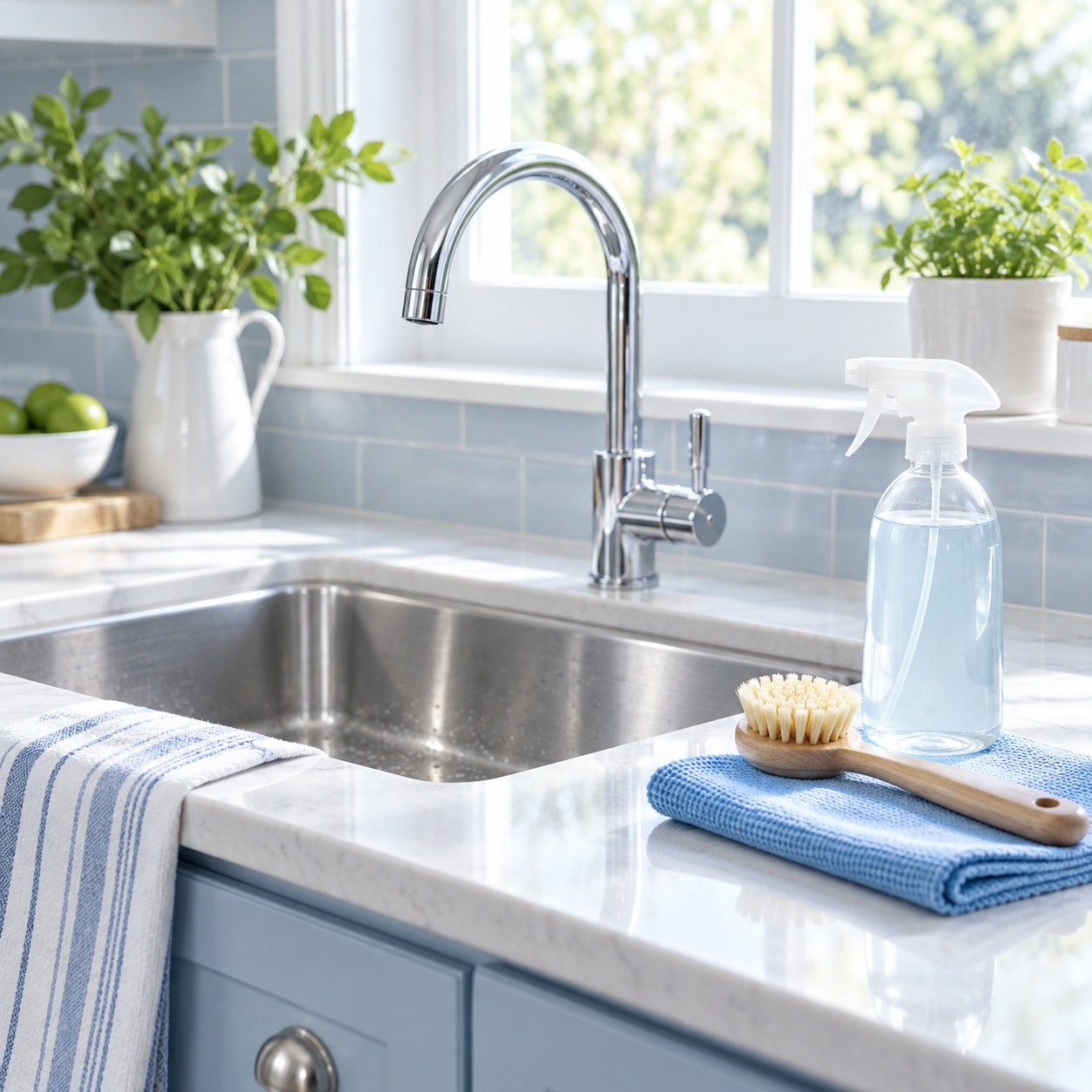 Bright kitchen sink with blue cloth, brush and cleaning spray.
