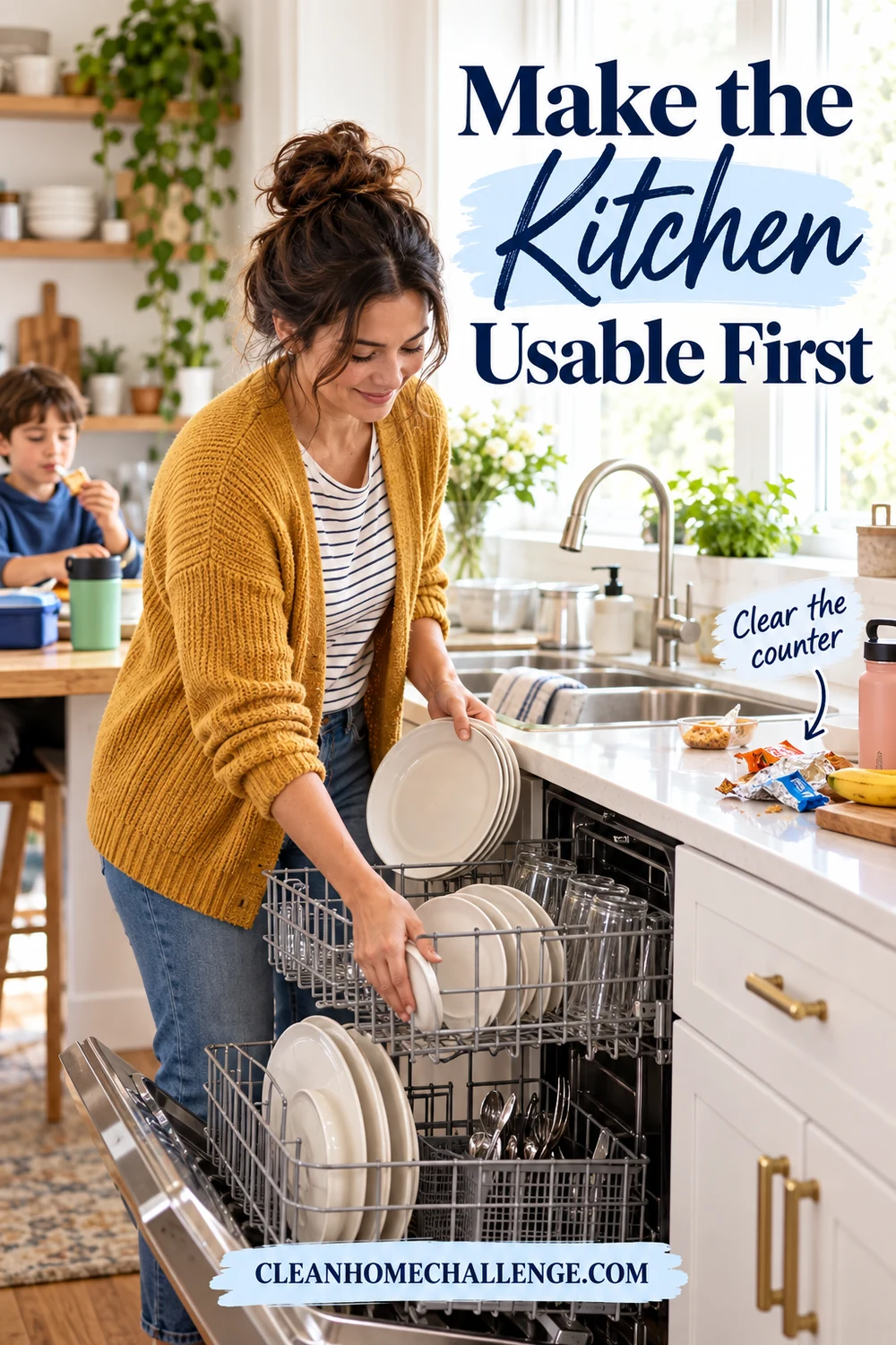 A mother loading dishes while her child eats in a lived-in kitchen
