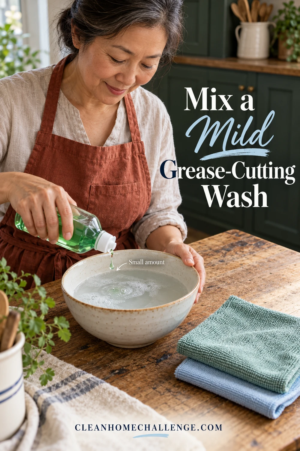 A woman adds a small amount of hand dishwashing liquid to a bowl of warm water beside folded cloths.