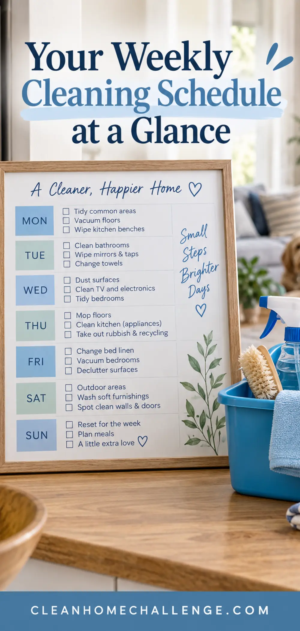 Weekly cleaning schedule board and blue cleaning caddy in an attainable family home.
