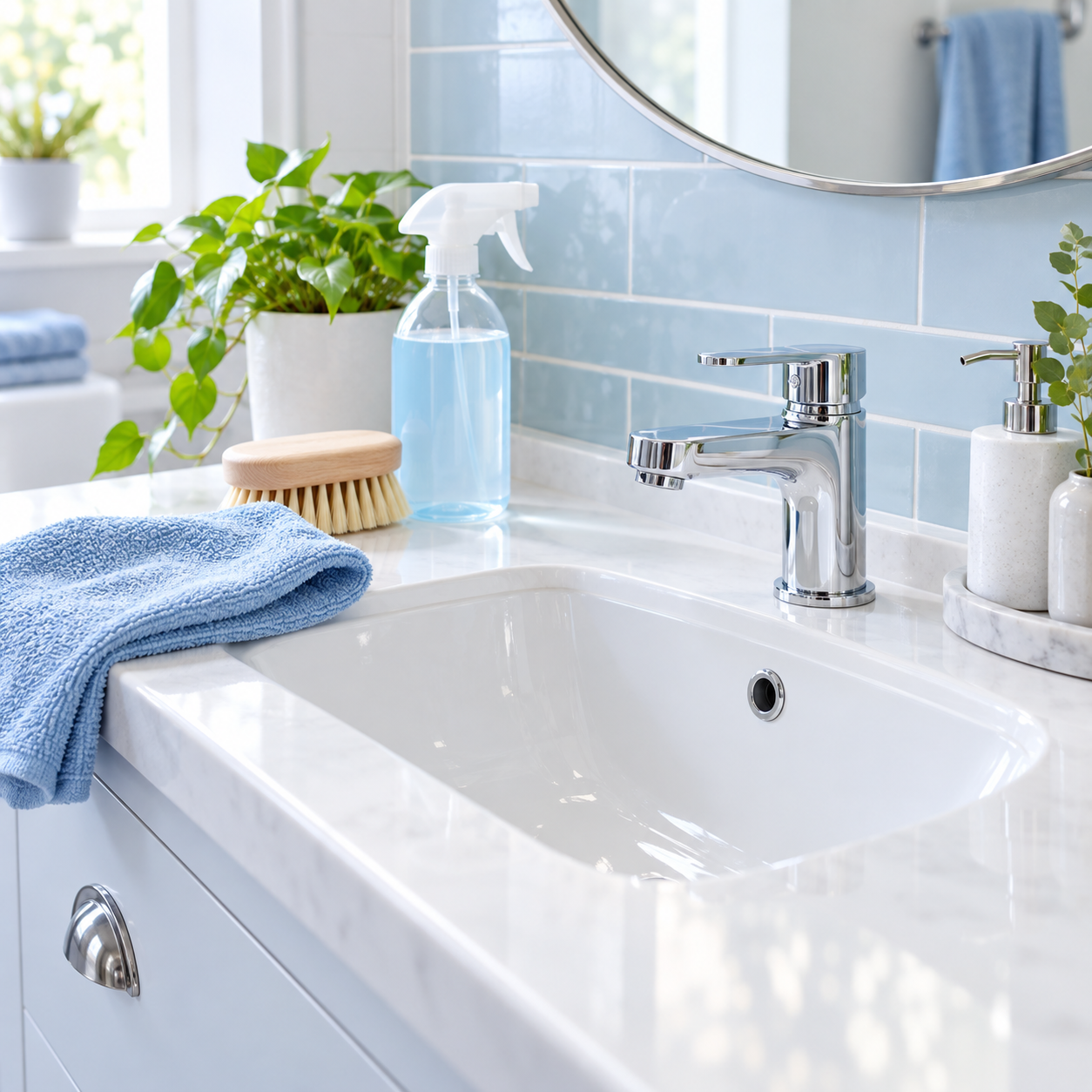 Clean bathroom basin with blue cloth, brush and cleaning spray.