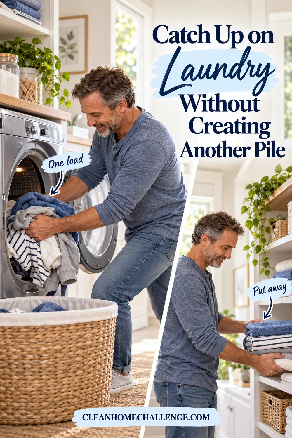 An older father taking one laundry load from the dryer and putting it on shelves