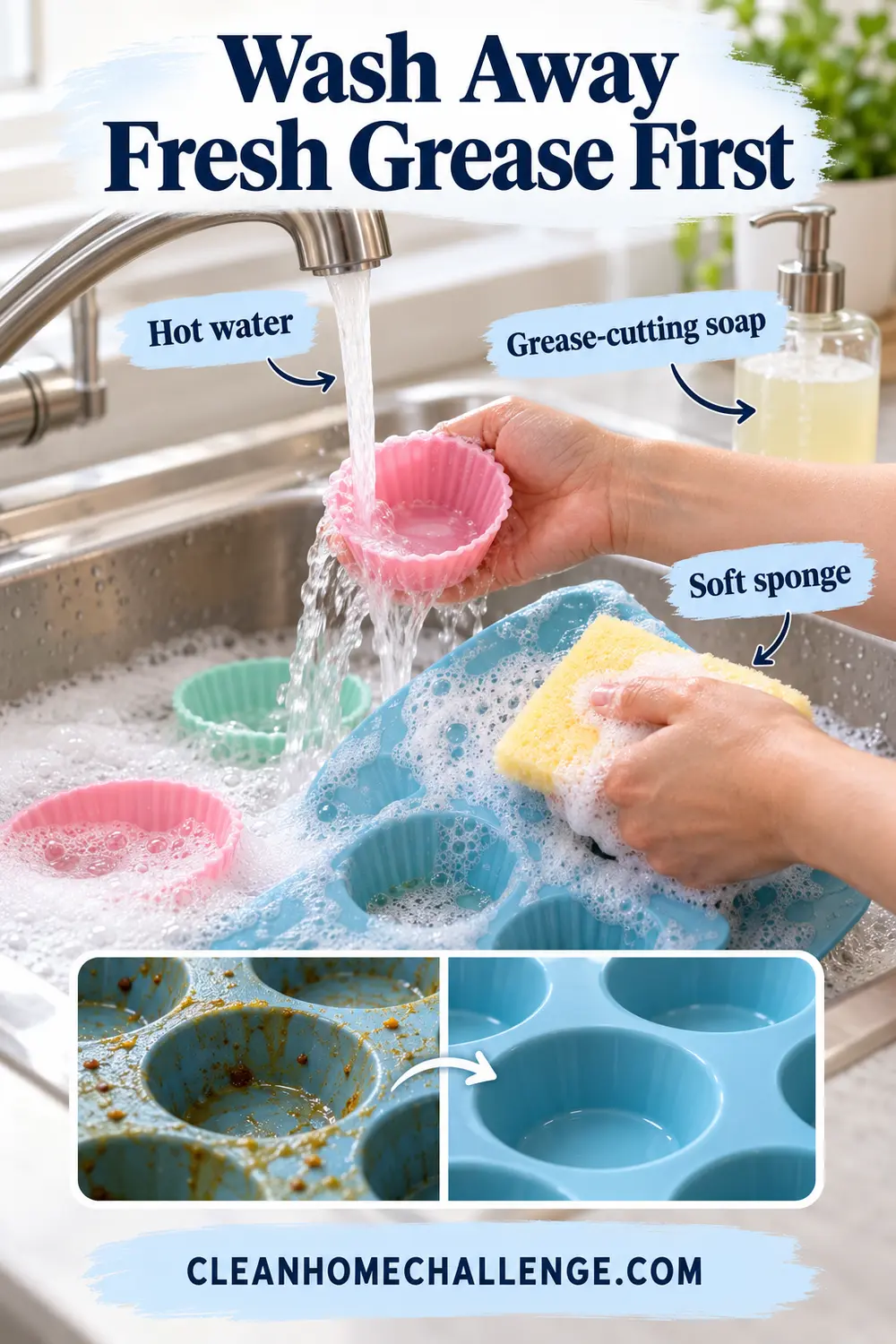 Washing silicone bakeware with hot water, dish soap and a soft sponge.