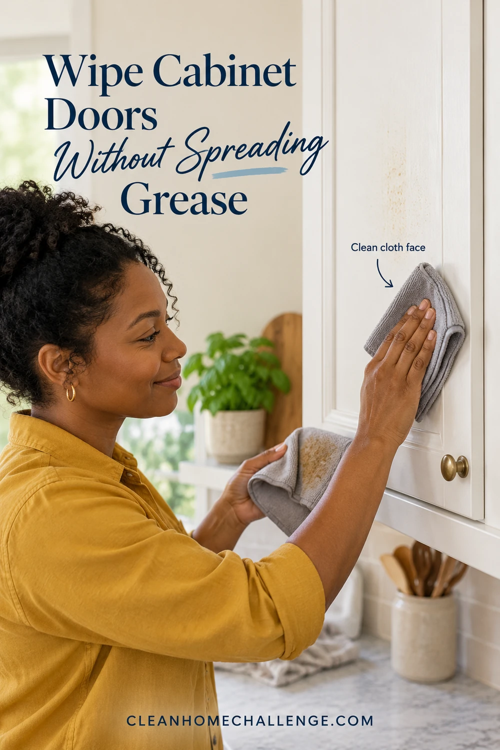 A woman wipes a white cabinet door with a clean folded microfiber cloth and keeps a second soiled cloth in her other hand.
