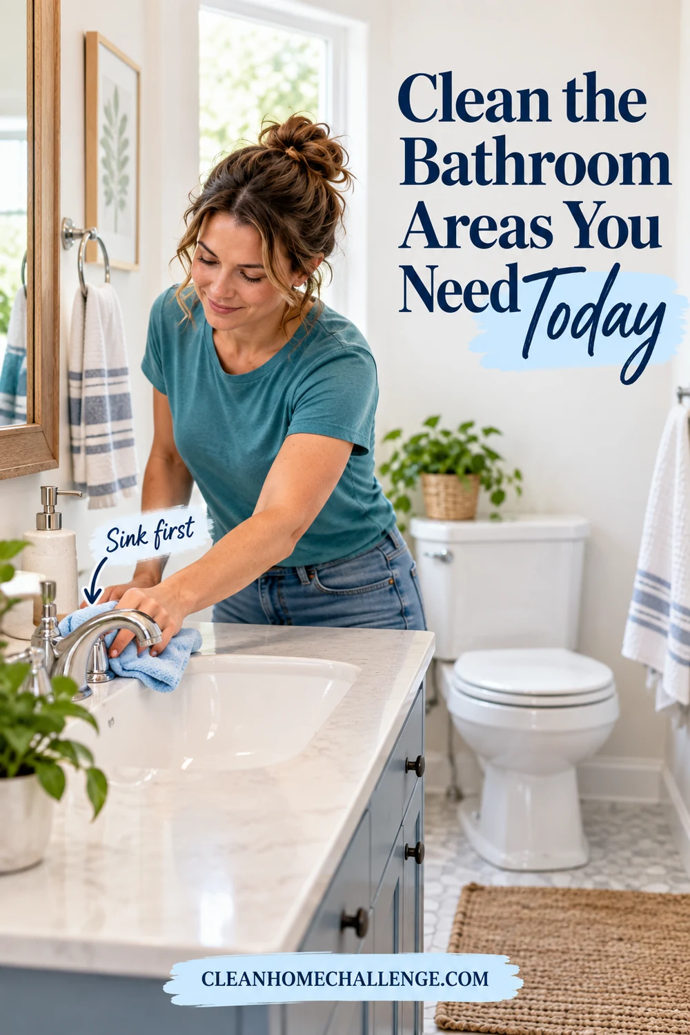 A woman wiping a bathroom sink and faucet
