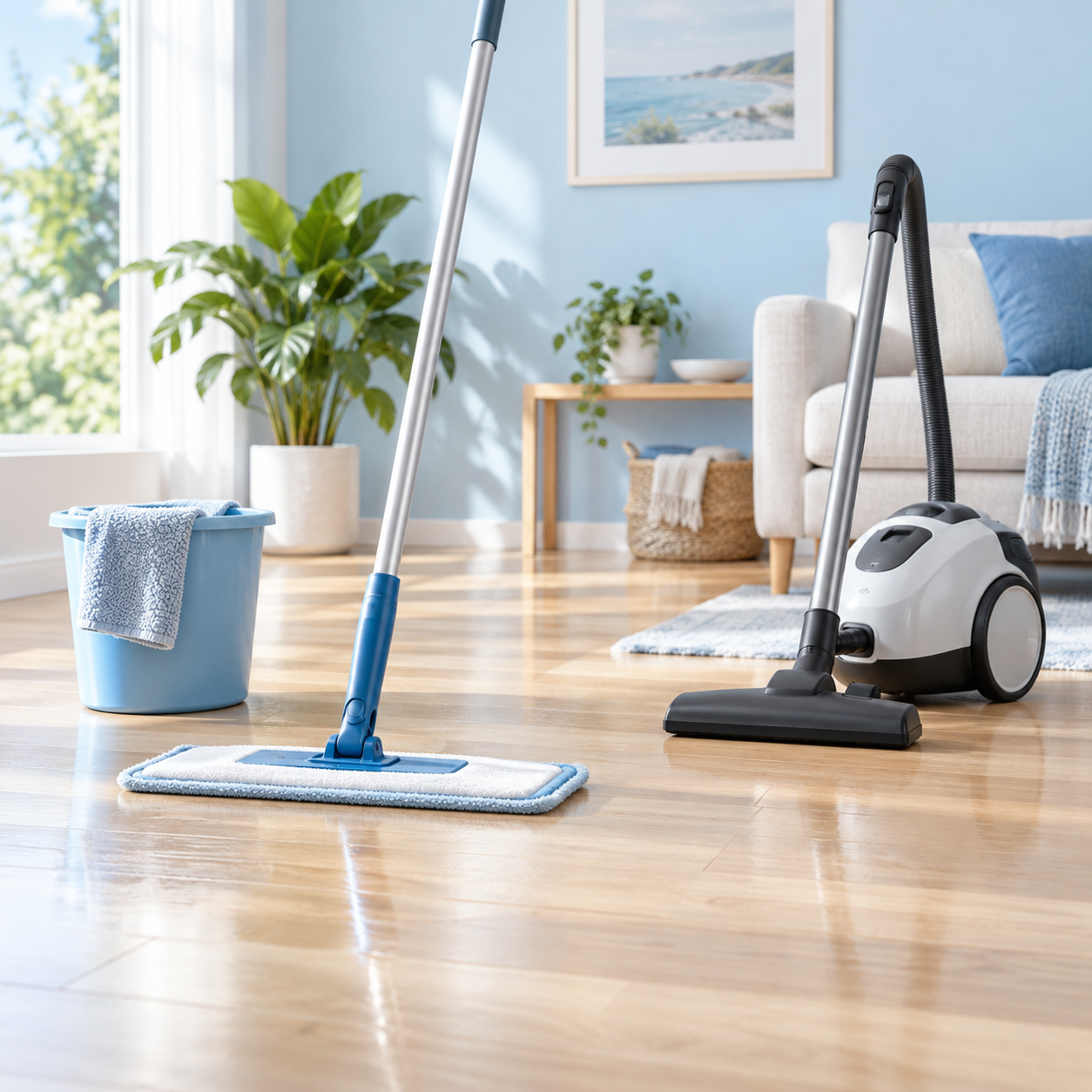 Flat mop and vacuum on a clean timber floor.
