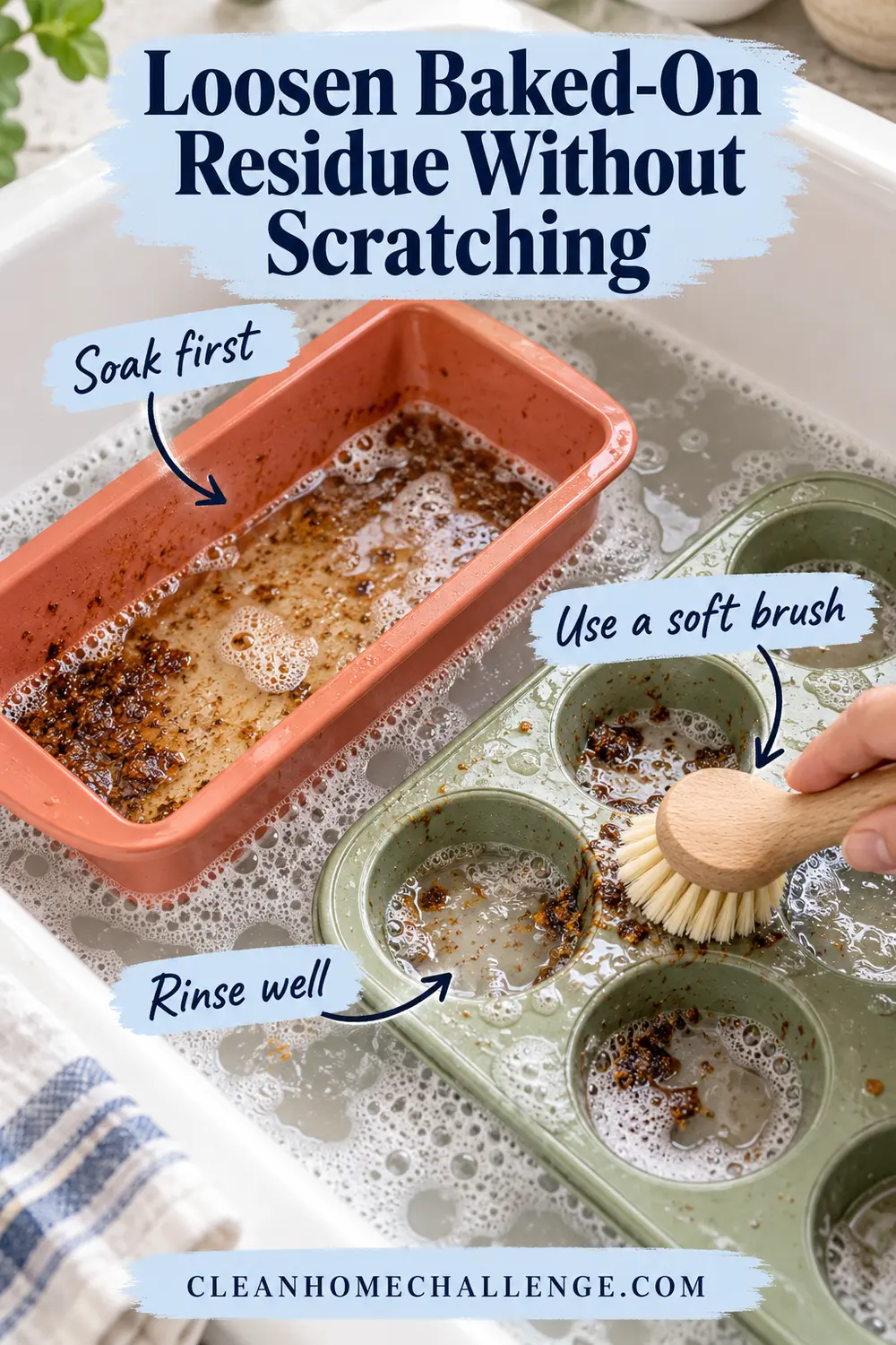 Soaking silicone molds and cleaning residue with a soft dish brush.
