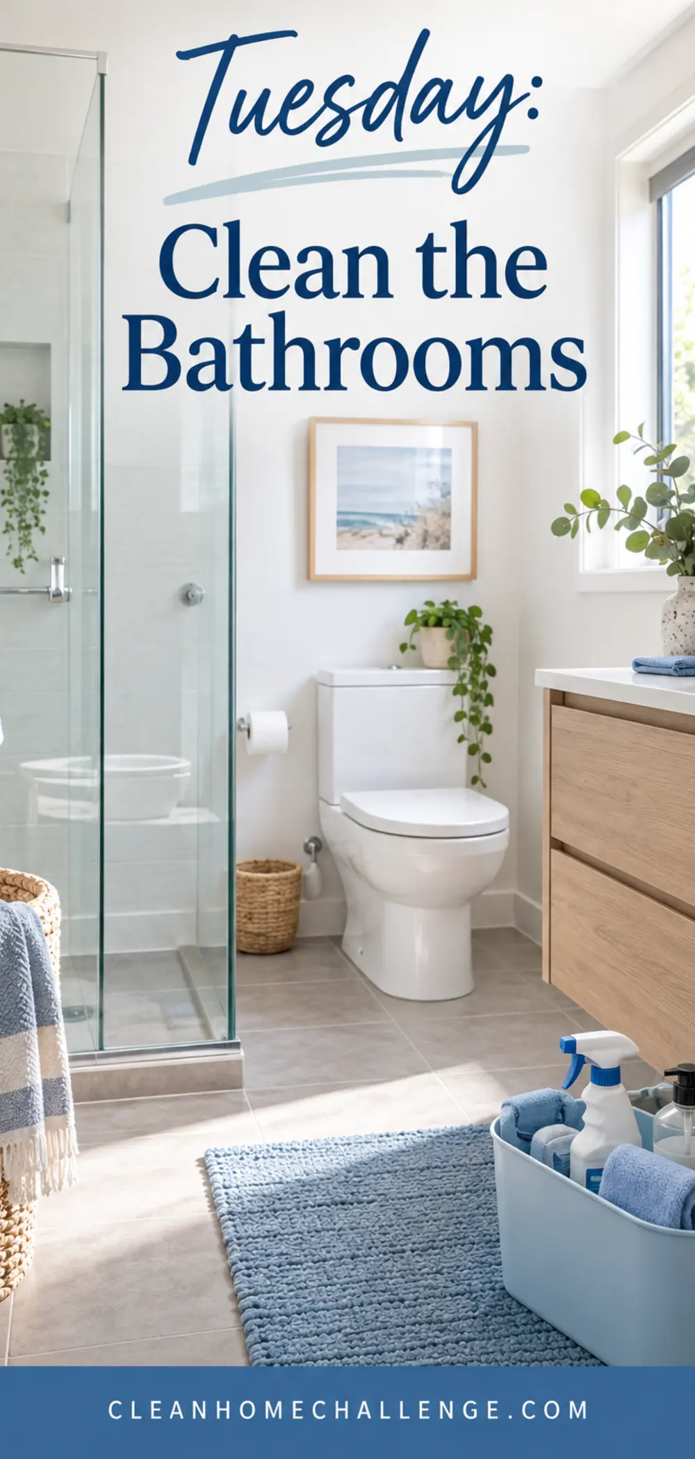 Bright family bathroom with a blue cleaning caddy ready for the Tuesday routine.