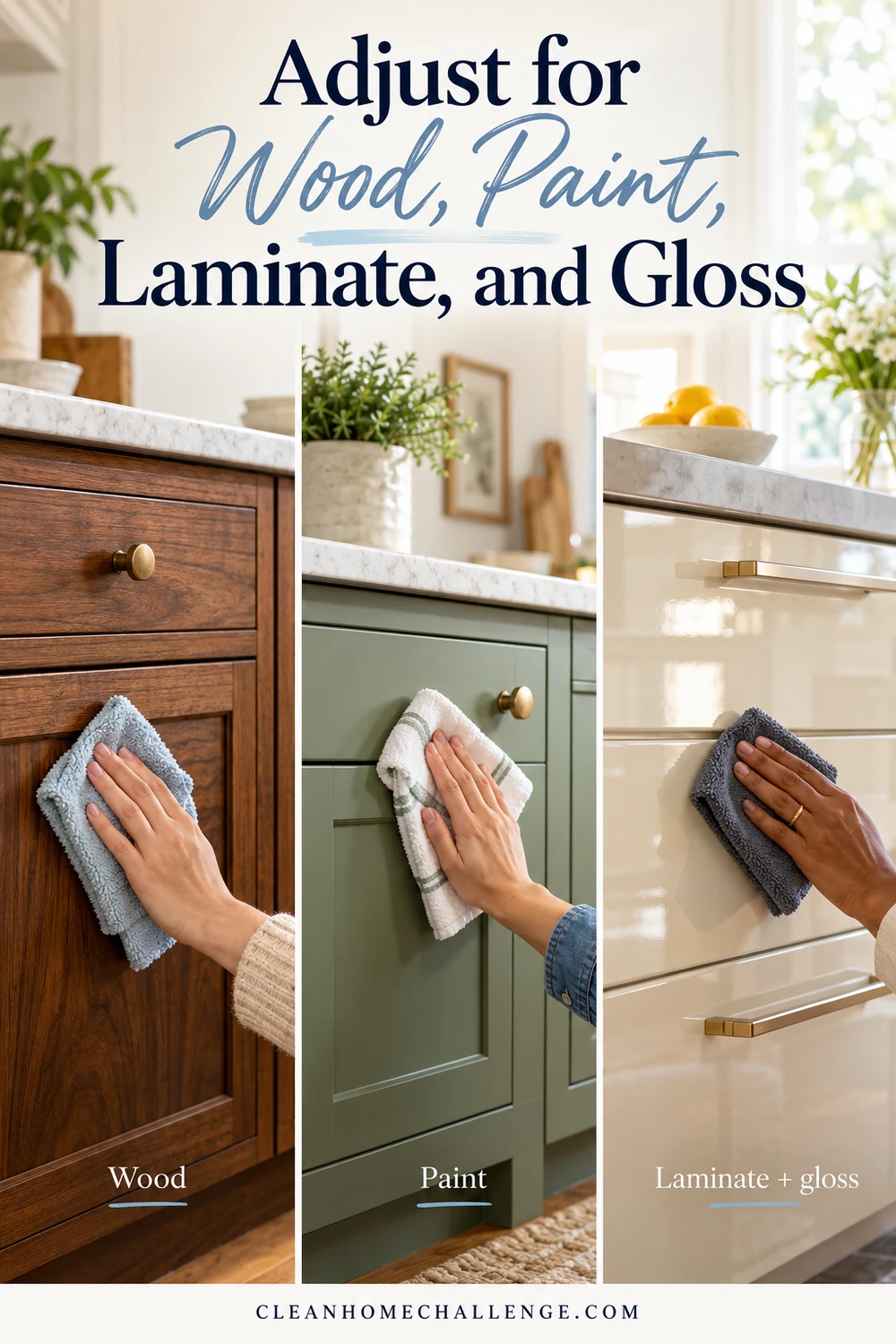 Three photographic panels show soft cloths on wood, painted green, and glossy light-colored cabinet fronts.