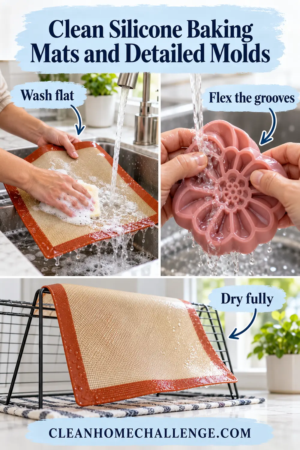 Washing a silicone baking mat flat and flexing a detailed mold under water.