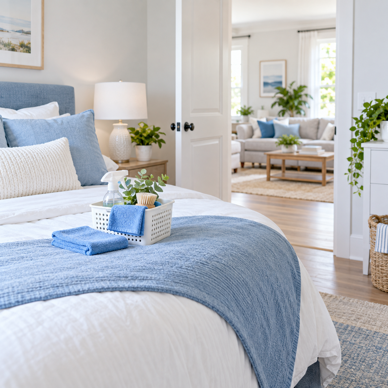Fresh bedroom leading into a tidy living room with a small cleaning basket.