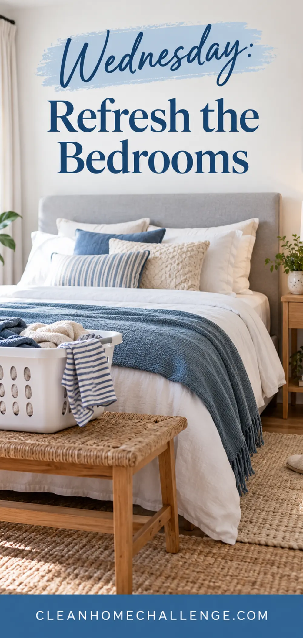 Fresh family bedroom with made bed and laundry basket for a Wednesday reset.