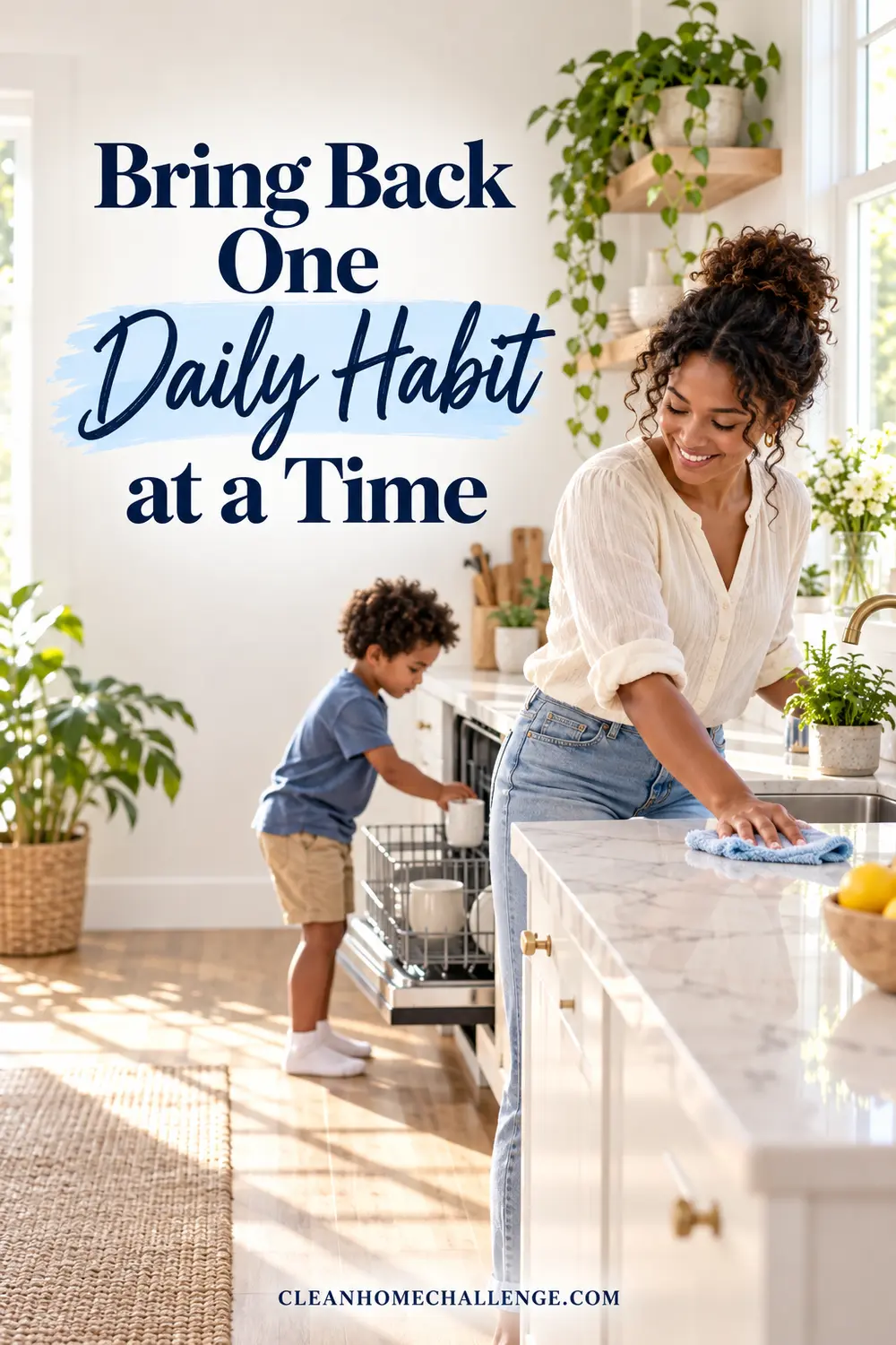 A mother wiping the breakfast counter while a child loads a dishwasher