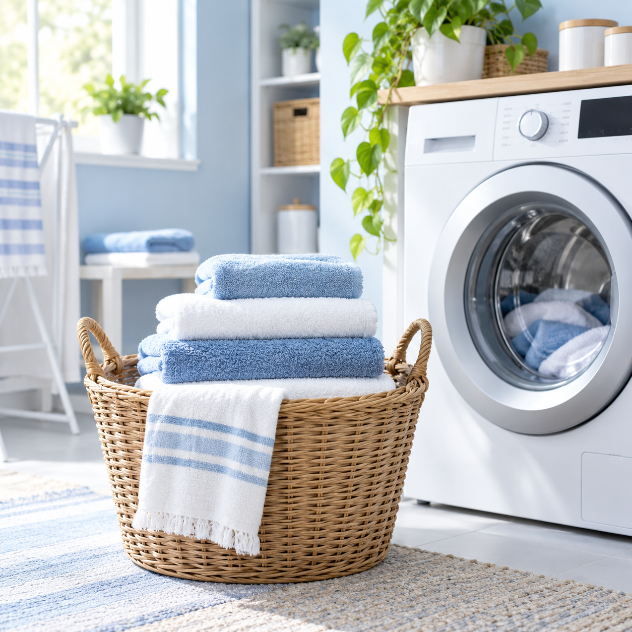 Basket of folded blue and white towels beside a washing machine.