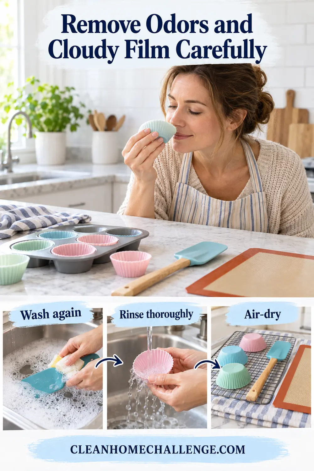 Rewashing, rinsing and air-drying silicone kitchen tools to remove odors.