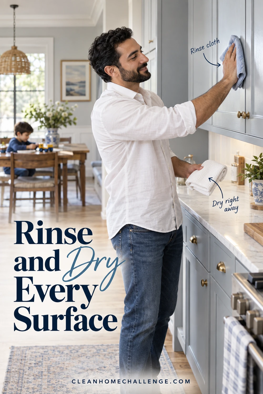 A father wipes an upper gray cabinet with a rinsing cloth and holds a second dry towel in a lived-in kitchen.
