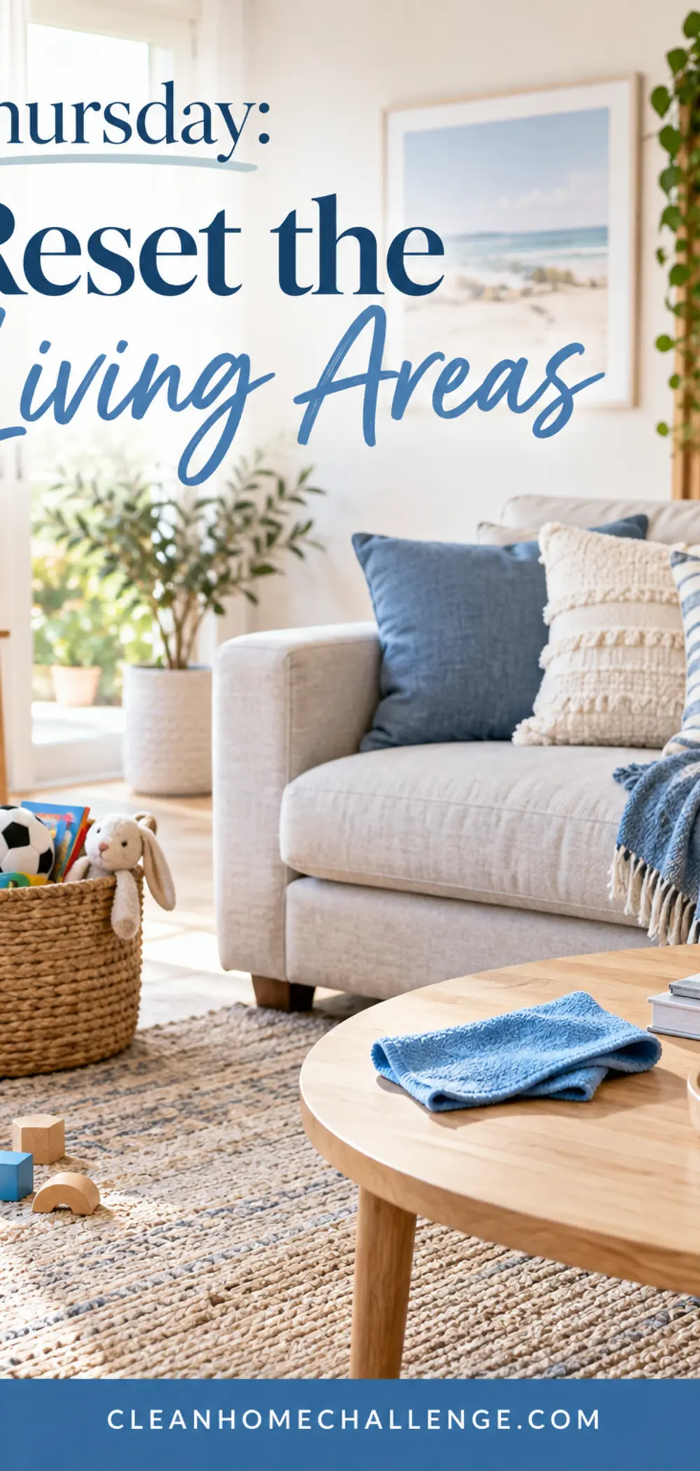 Comfortable living room with toy basket and cloth ready for a Thursday reset.