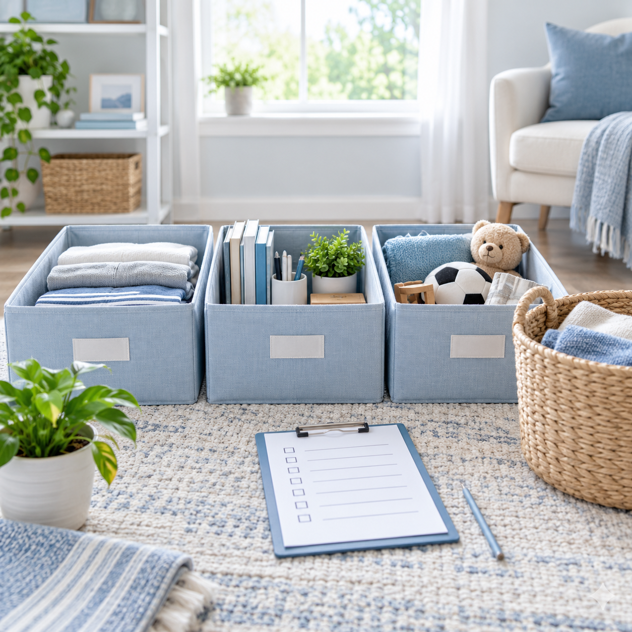 Organised blue storage boxes and checklist for a decluttering challenge.