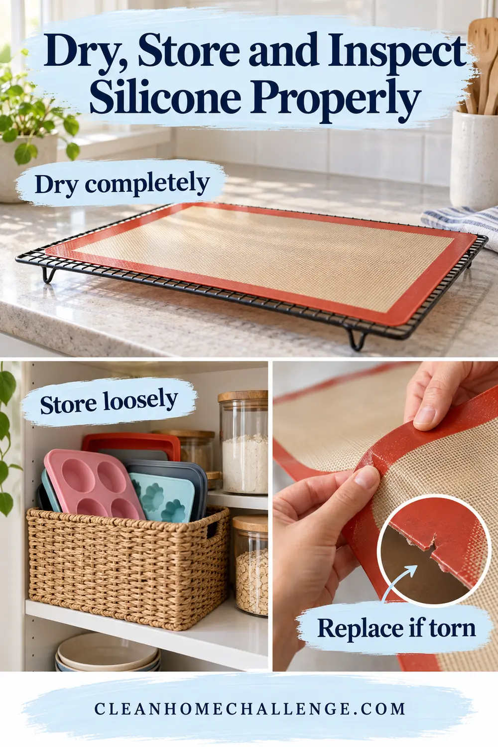 Silicone bakeware drying flat, stored loosely and inspected for a torn edge.