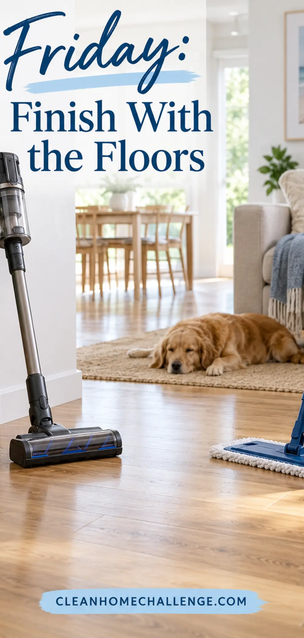 Cordless vacuum and flat mop on timber flooring in a family living area.