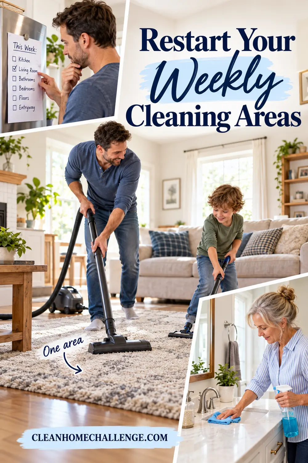 A family choosing one weekly cleaning area across living room and bathroom scenes