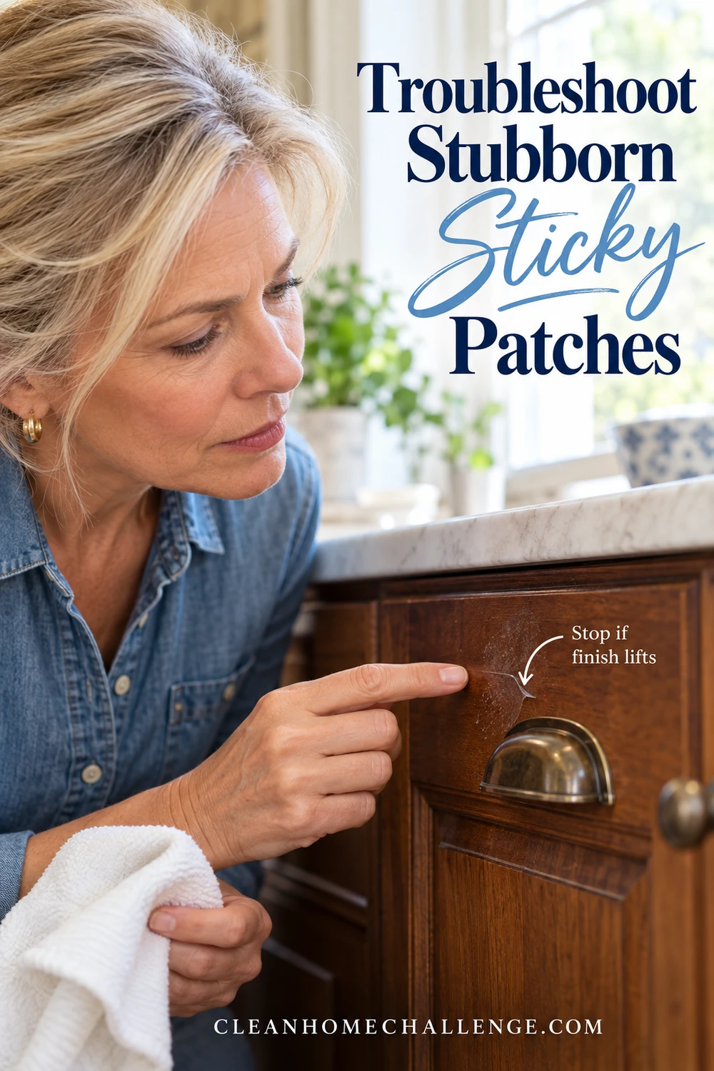 A woman points to a small lifted patch of wood cabinet finish beside a drawer pull.