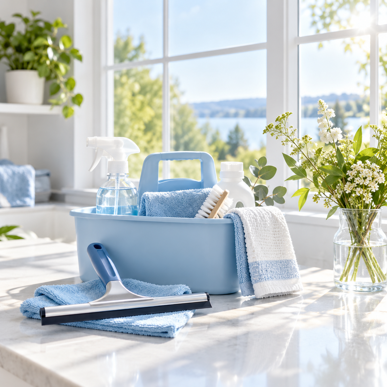 Blue cleaning caddy and window squeegee ready for a seasonal deep clean.