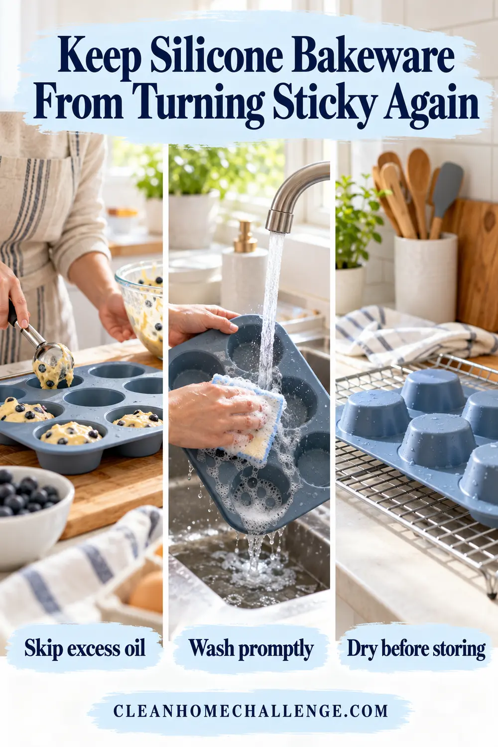 Three-step routine to prevent sticky silicone bakeware after baking.