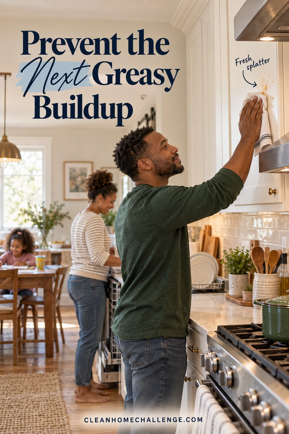 A father wipes a small fresh splatter from a cabinet beside the range while family life continues behind him.