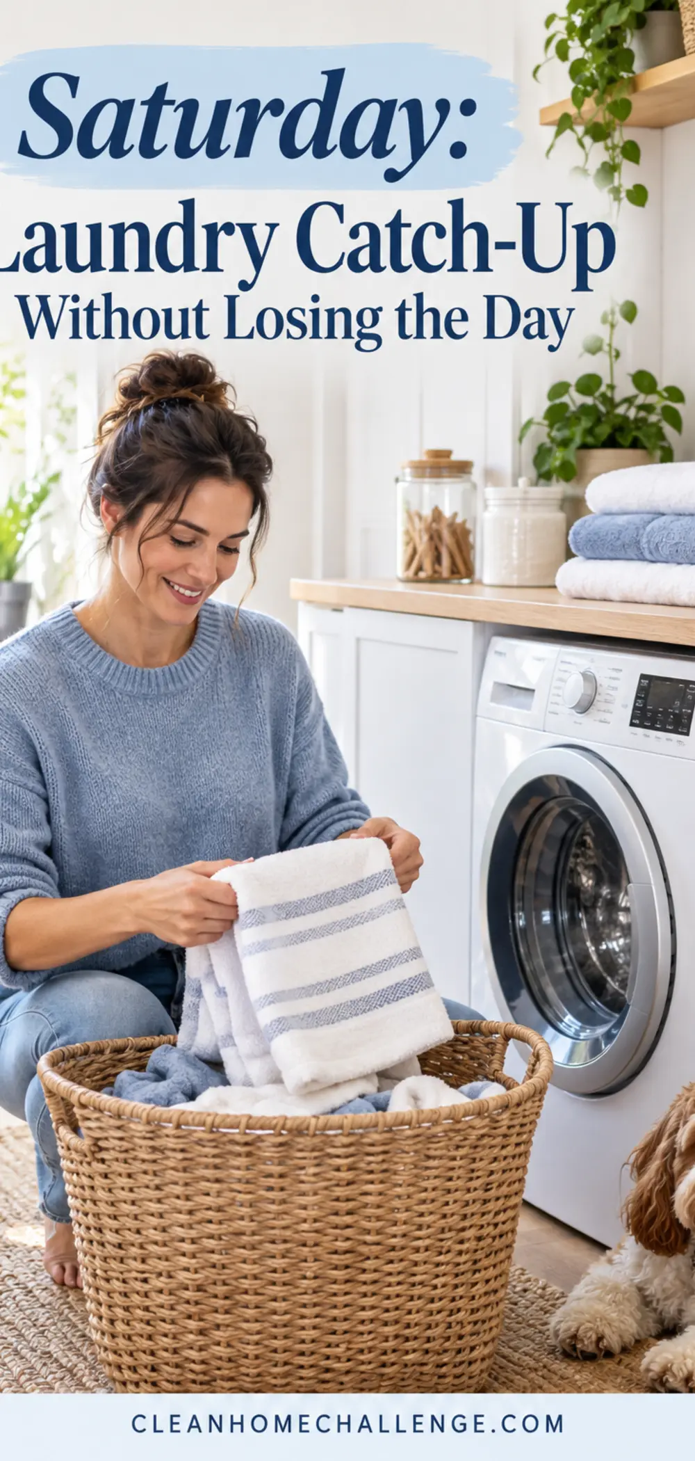 Mum folding towels beside one laundry basket during a short Saturday catch-up.