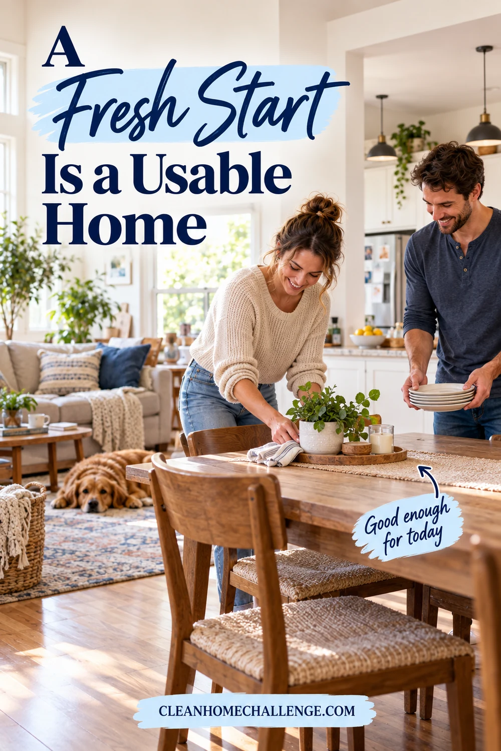 A couple clearing a dining table in a usable family home