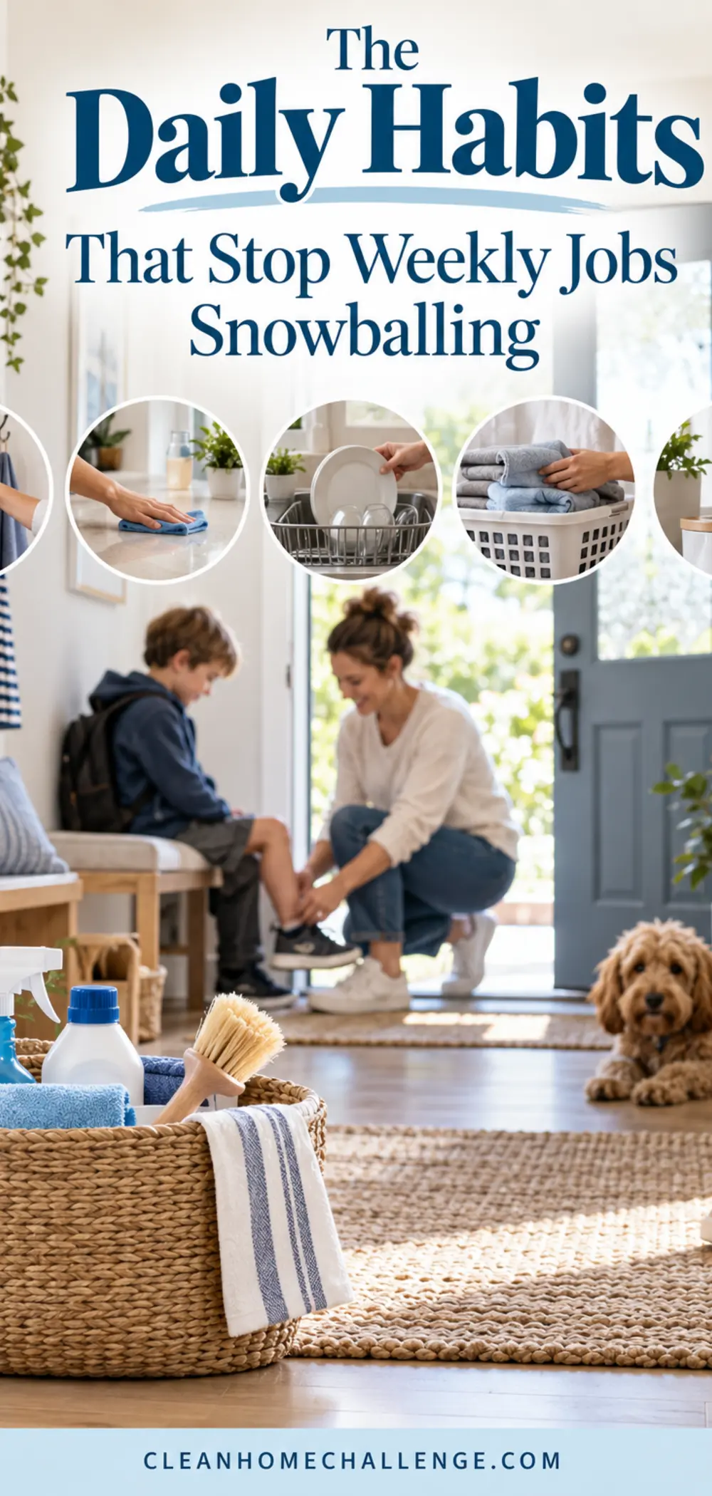 Family entryway graphic showing five small daily home-care habits.