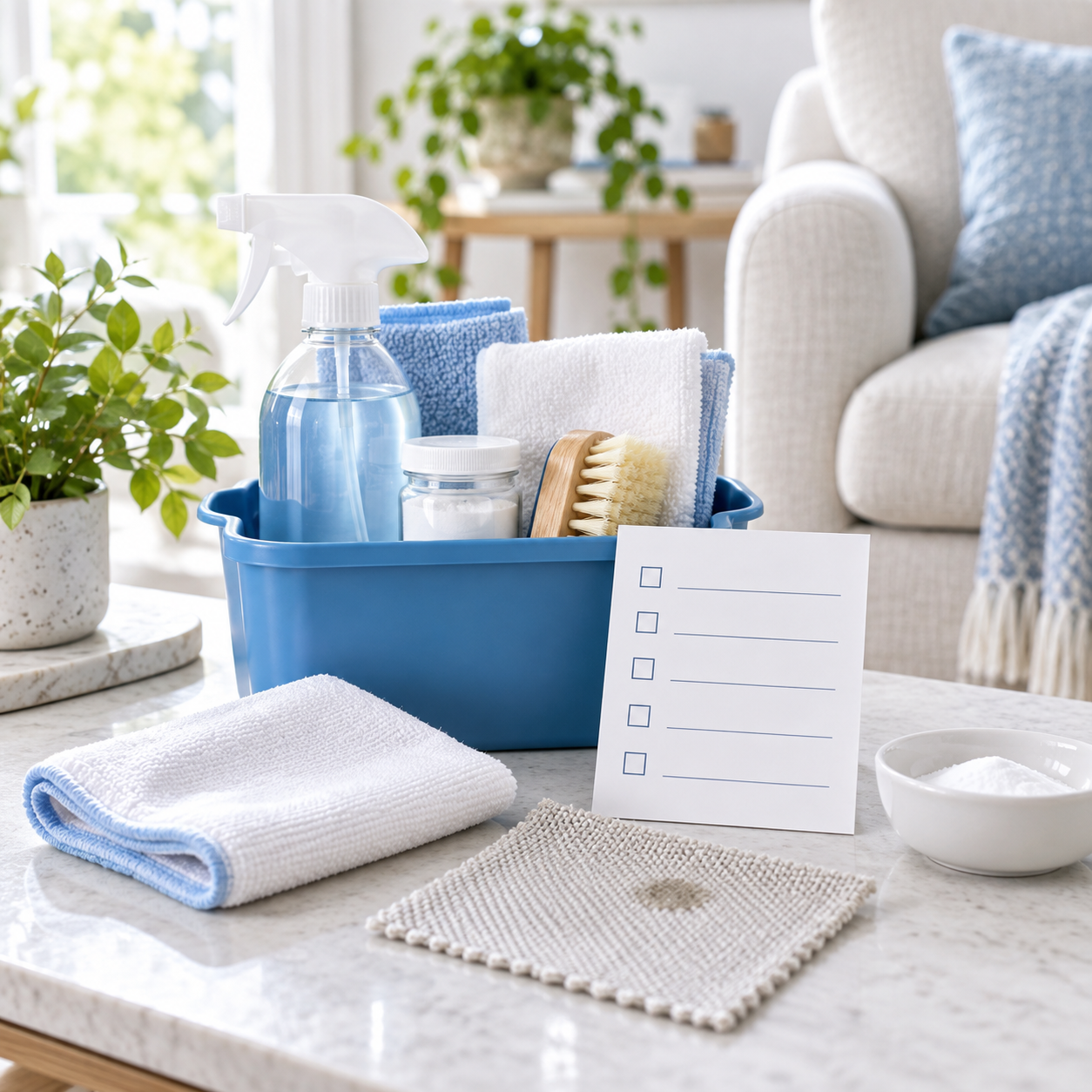 Cleaning kit, checklist and stained fabric swatch for solving cleaning problems.