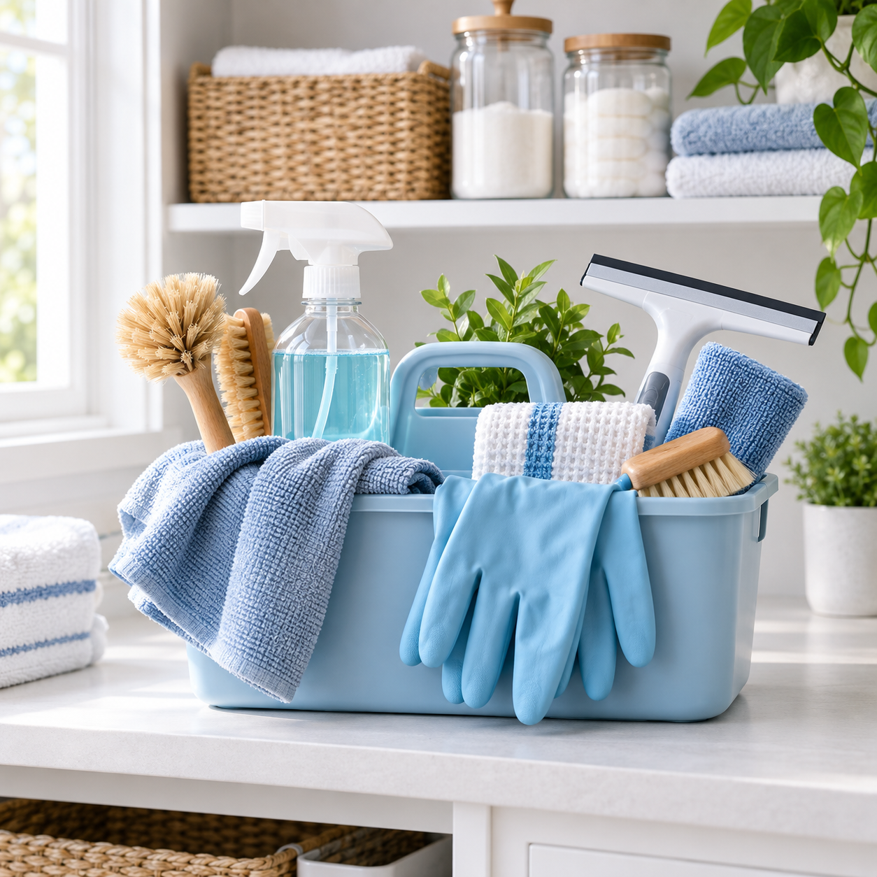 Blue cleaning caddy filled with practical cloths, brushes and cleaning tools.
