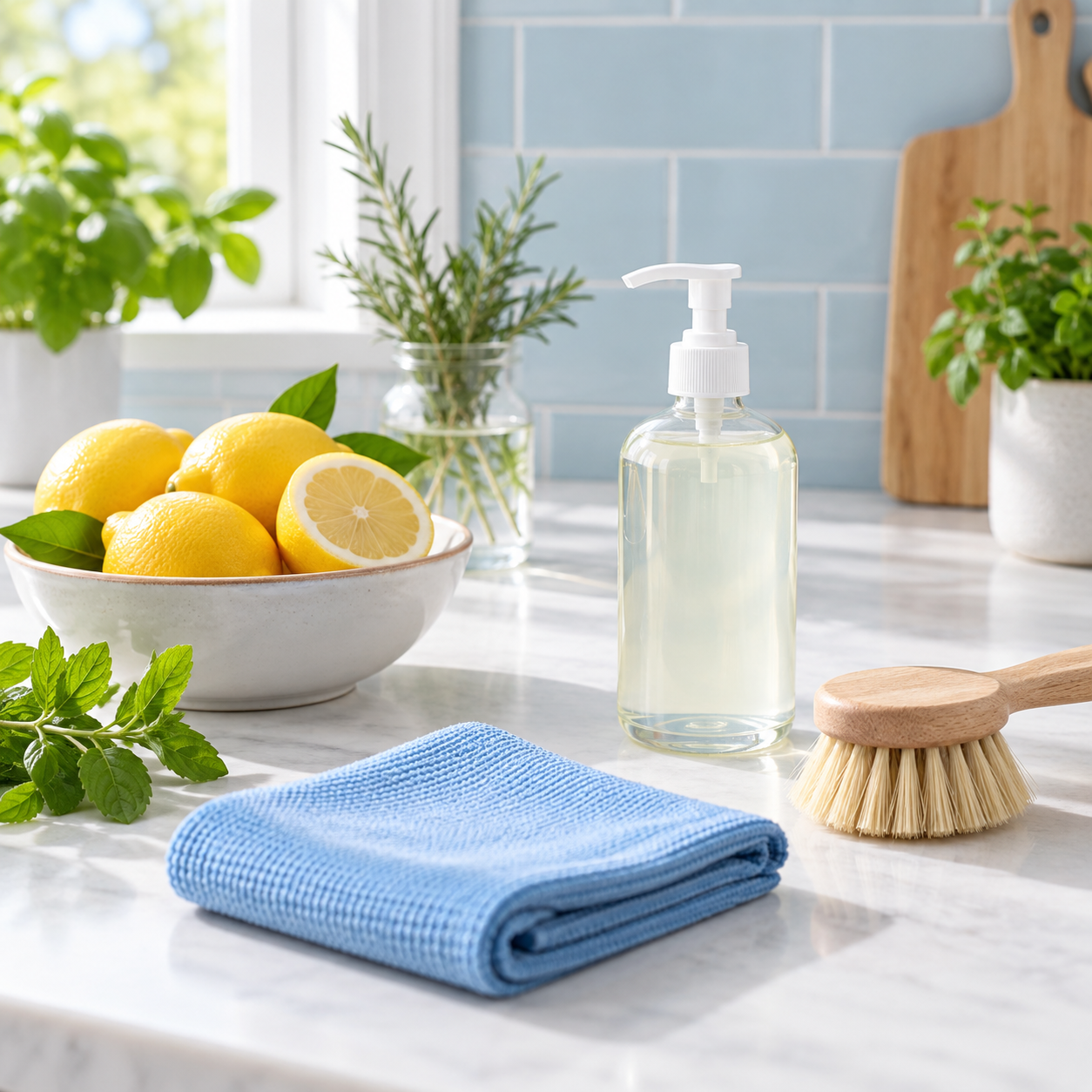 Lemons, herbs, cloth and separate cleaning supplies on a bright kitchen counter.