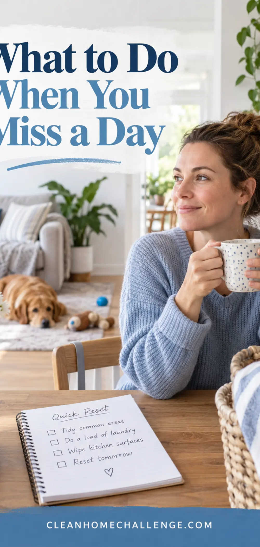 Mum pausing with a cup beside a simple reset list after missing a cleaning day.
