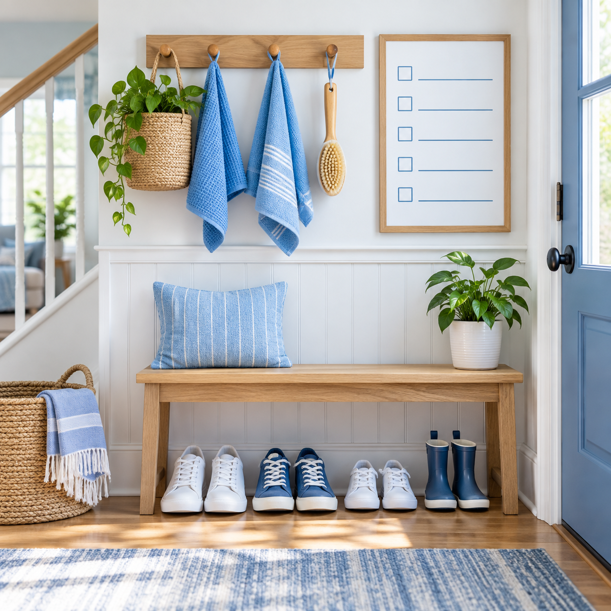 Organised family entryway with shoes, cleaning cloths and a blank household checklist.