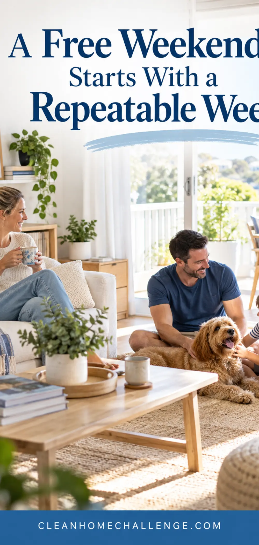 Family relaxing together in a sunny living room during a free weekend.