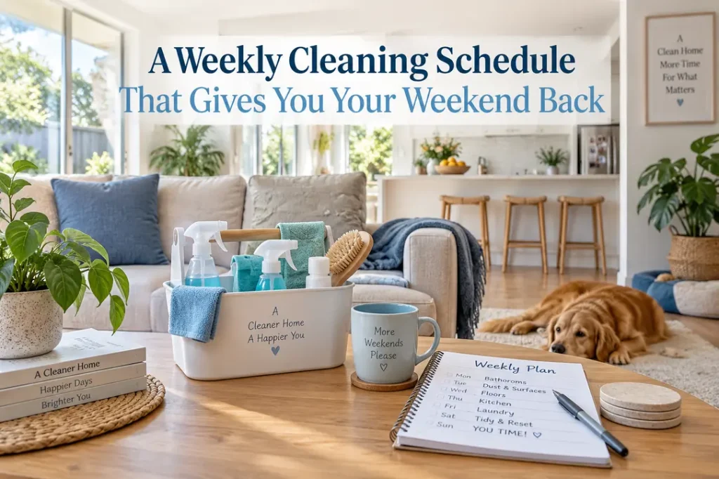 Weekly cleaning planner and blue cleaning caddy in a bright, comfortable family living room.