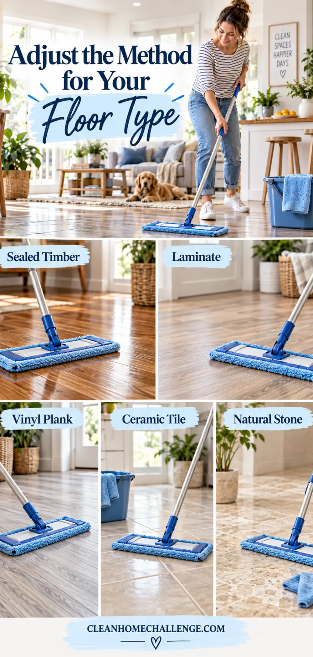 Five floor samples with microfiber tools arranged in a clean educational flat lay.