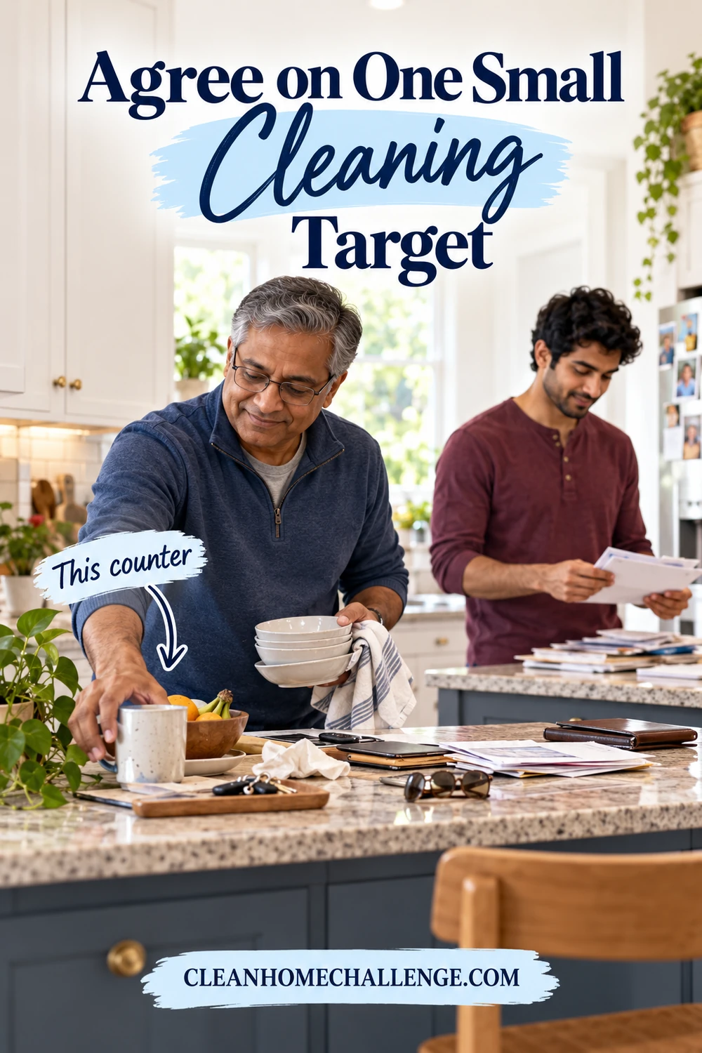 An older man clears one kitchen counter while another adult sorts mail nearby.