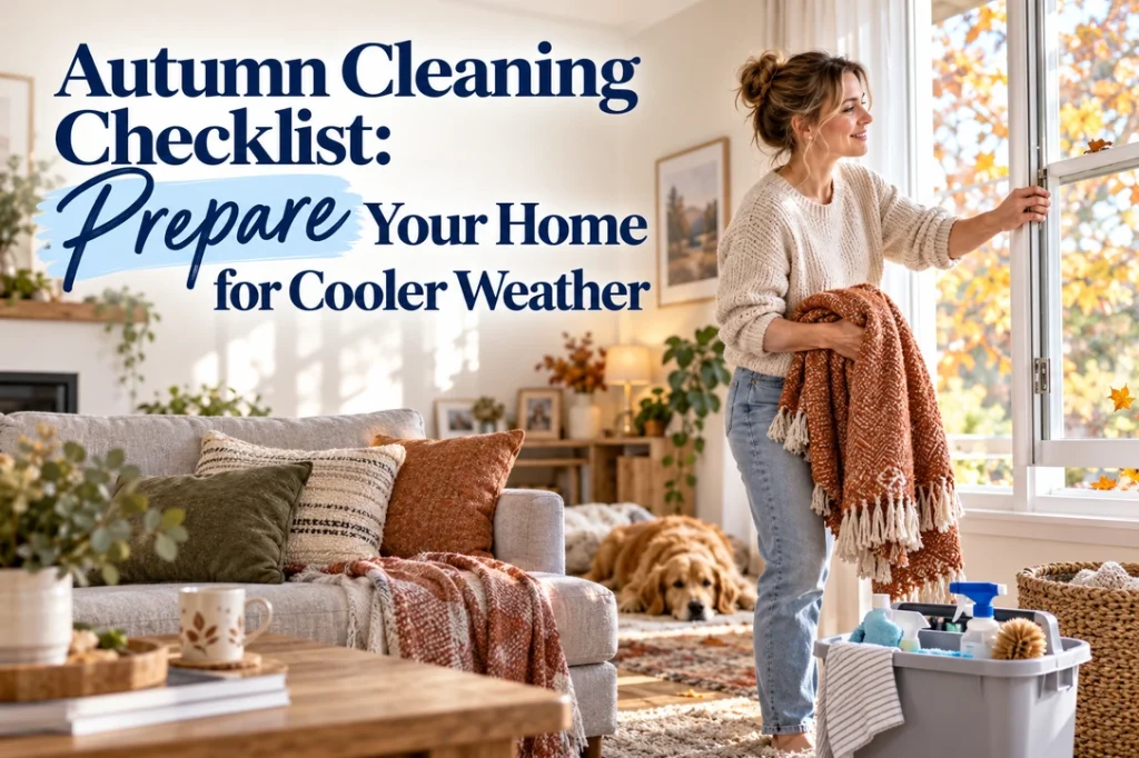 Mum opening a living-room window beside an autumn cleaning caddy and folded warm throw.