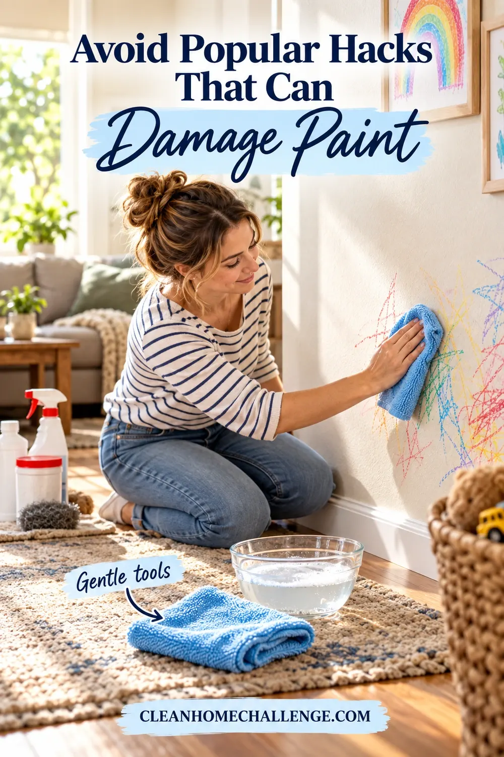 A parent uses a soft cloth on a crayon-marked wall with gentler tools in the foreground.