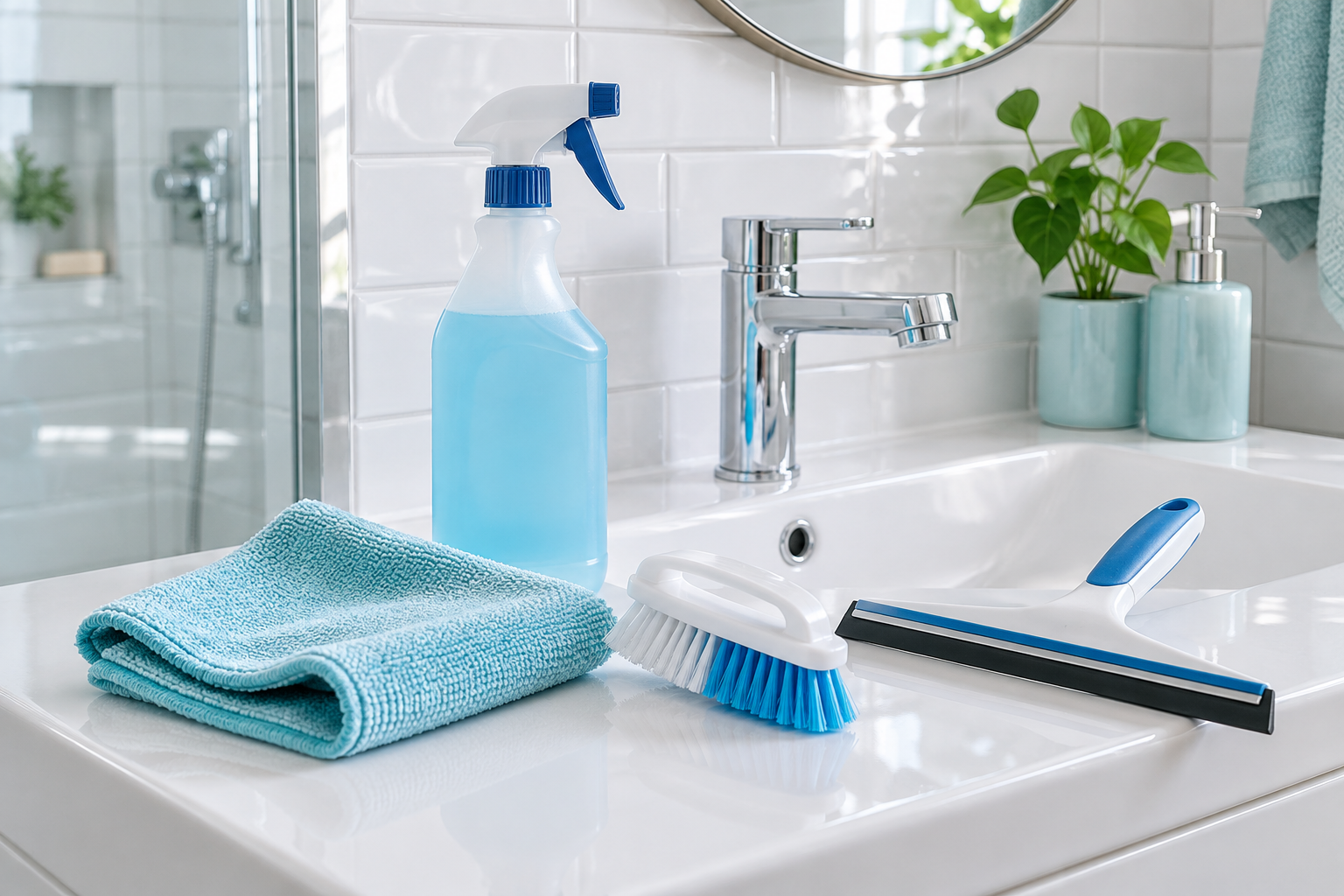 Bathroom cleaning tools arranged beside clean tiles and chrome fixtures